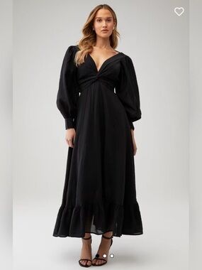 Sabina Musayev Black Twist-Front Puff Sleeve Maxi Dress